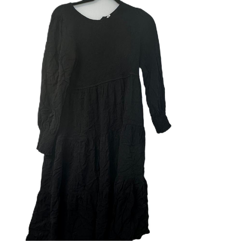 Anrabess Woman's black L textured soft dress midi casual fun statement sleeve